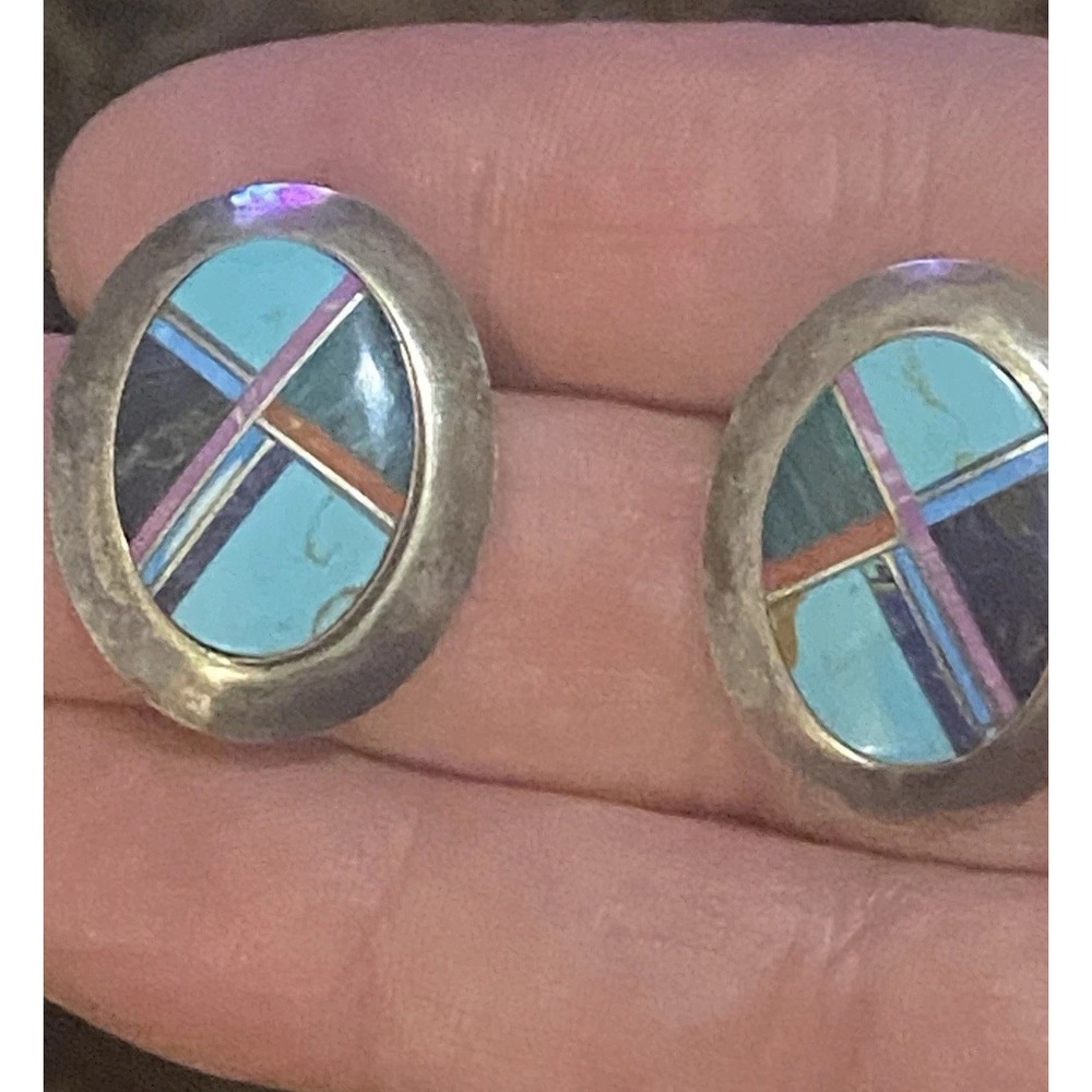 Vintage Native American Zuni Or Navajo Style Geometric Inlay Stones Marked Steel
